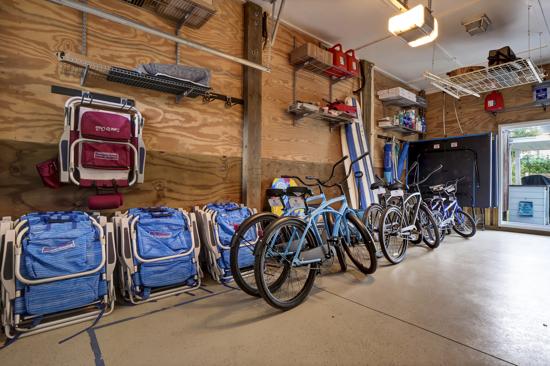 Garage with bikes and beach gear